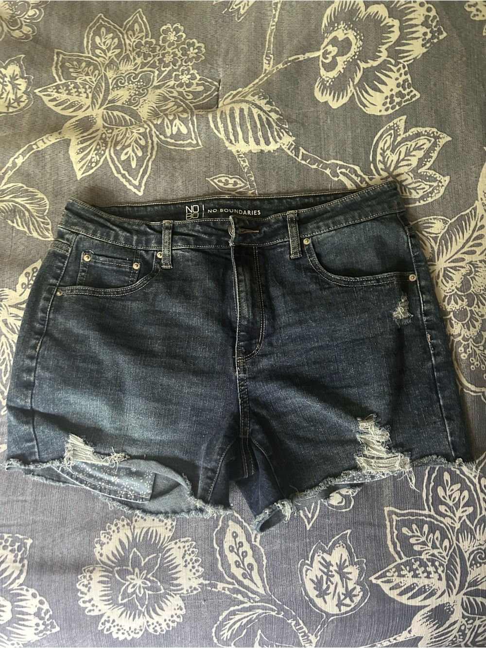 No Boundaries Women's Dark Blue Distressed Denim Cutoff Shorts